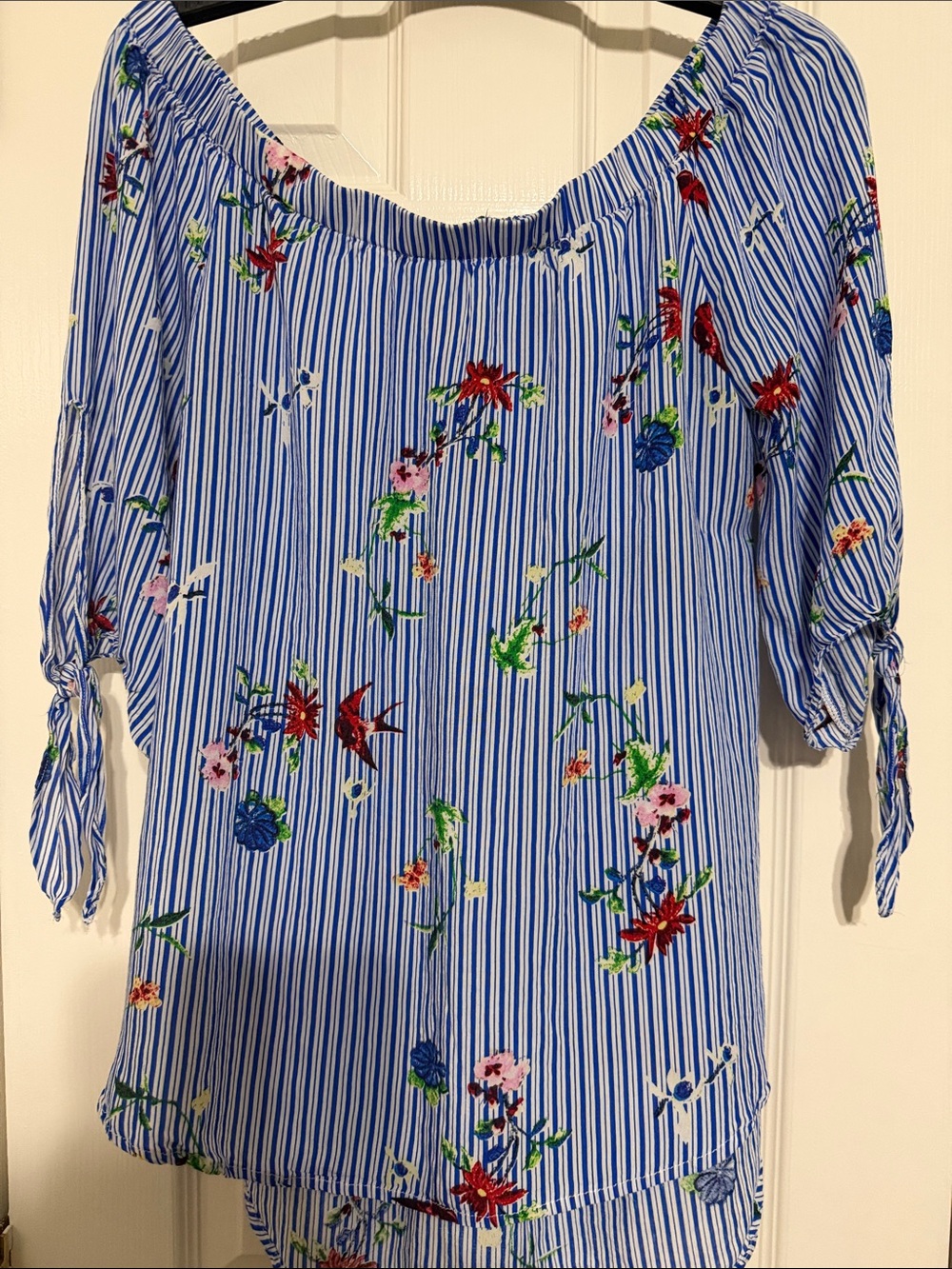 Staccato Blue & White Striped Floral Off-Shoulder Tunic
